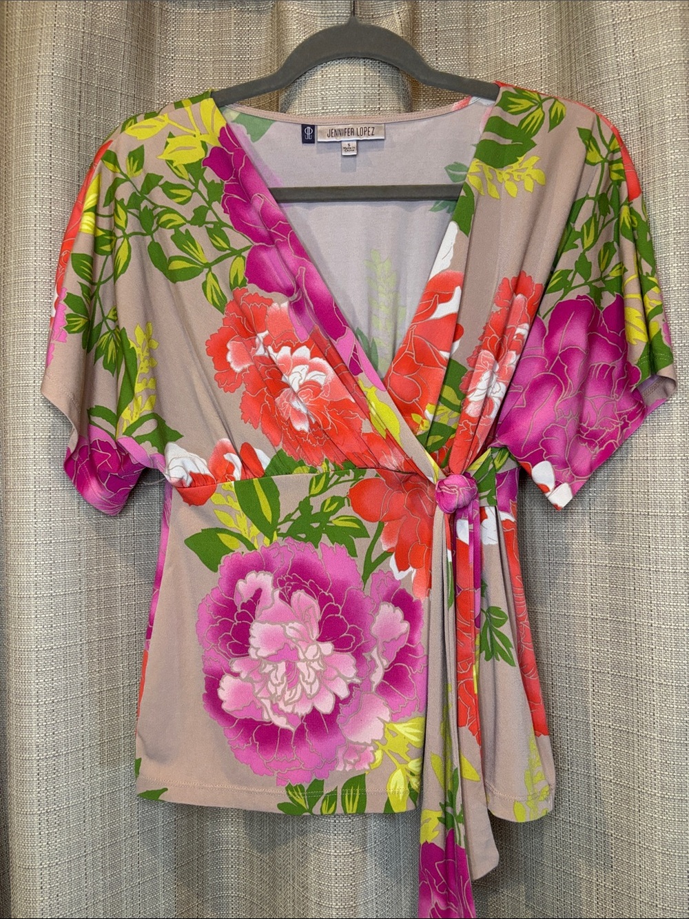Jennifer Lopez Taupe Floral Wrap Top with Pink & Coral Blooms Small